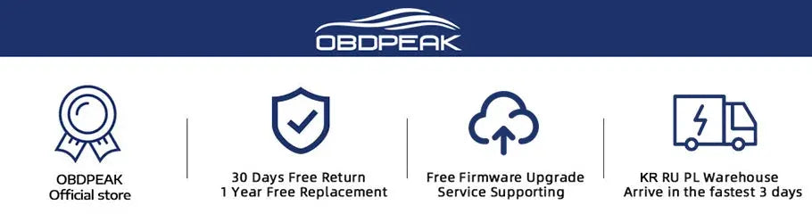 OBDPEAK official store banner with service icons: 30 days return, 1 year replacement, firmware upgrades, fast delivery.