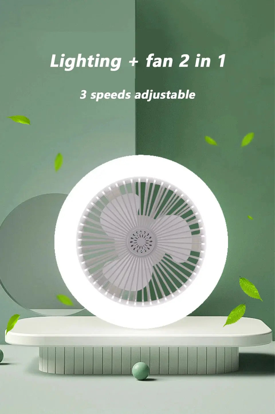2-in-1 ceiling fan lamp with circular LED ring, white finish, adjustable 3 speeds