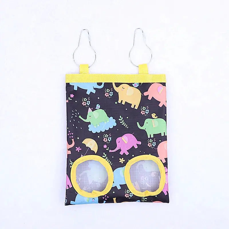Rabbit hay bag; hanging 2/3-hole dry grass feeder, black fabric with elephant print, yellow trim.