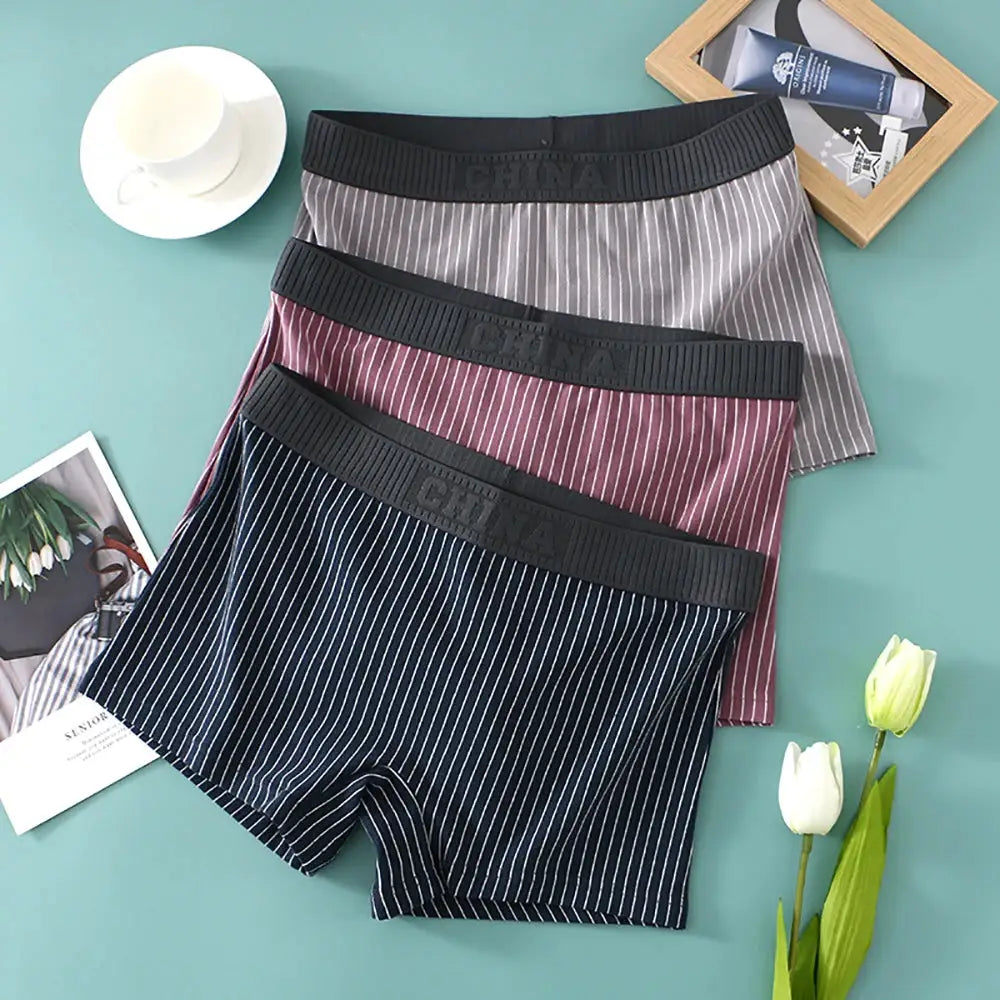 3-pack cotton striped women’s boyshorts by Simples Market; navy, burgundy and gray with black elastic waistbands