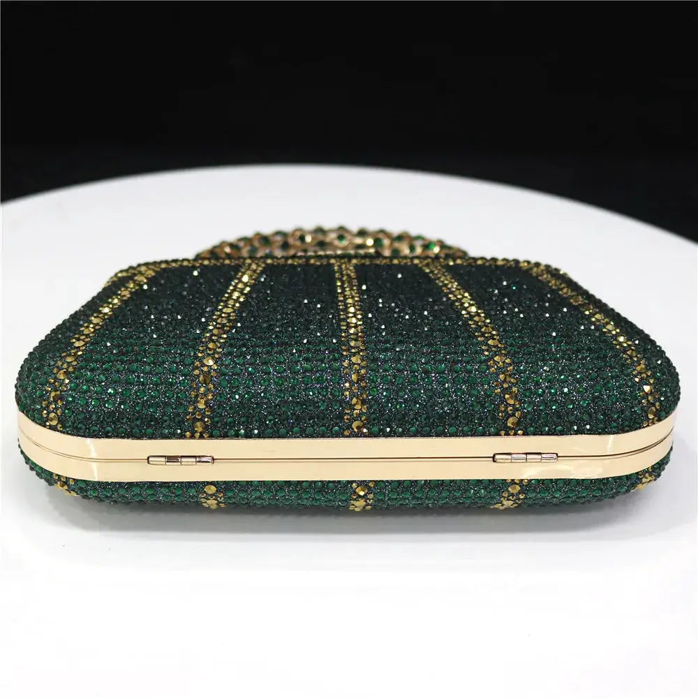Evening clutch bag with green rhinestones, gold stripes and a chain handle by Simples Market