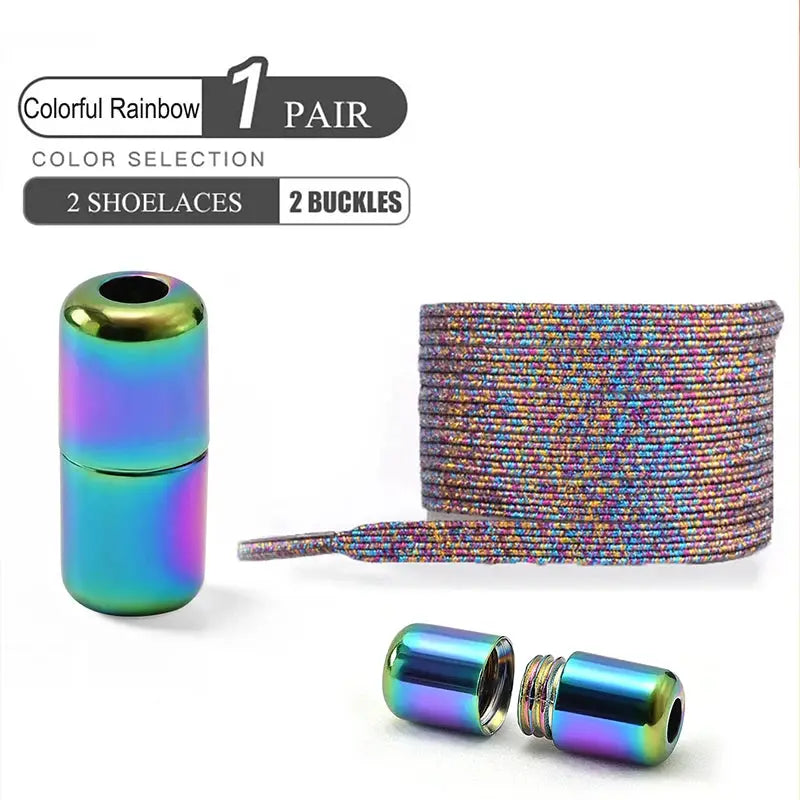 No-tie elastic rainbow shoelaces with pearl finish and metallic end caps by Simples Market