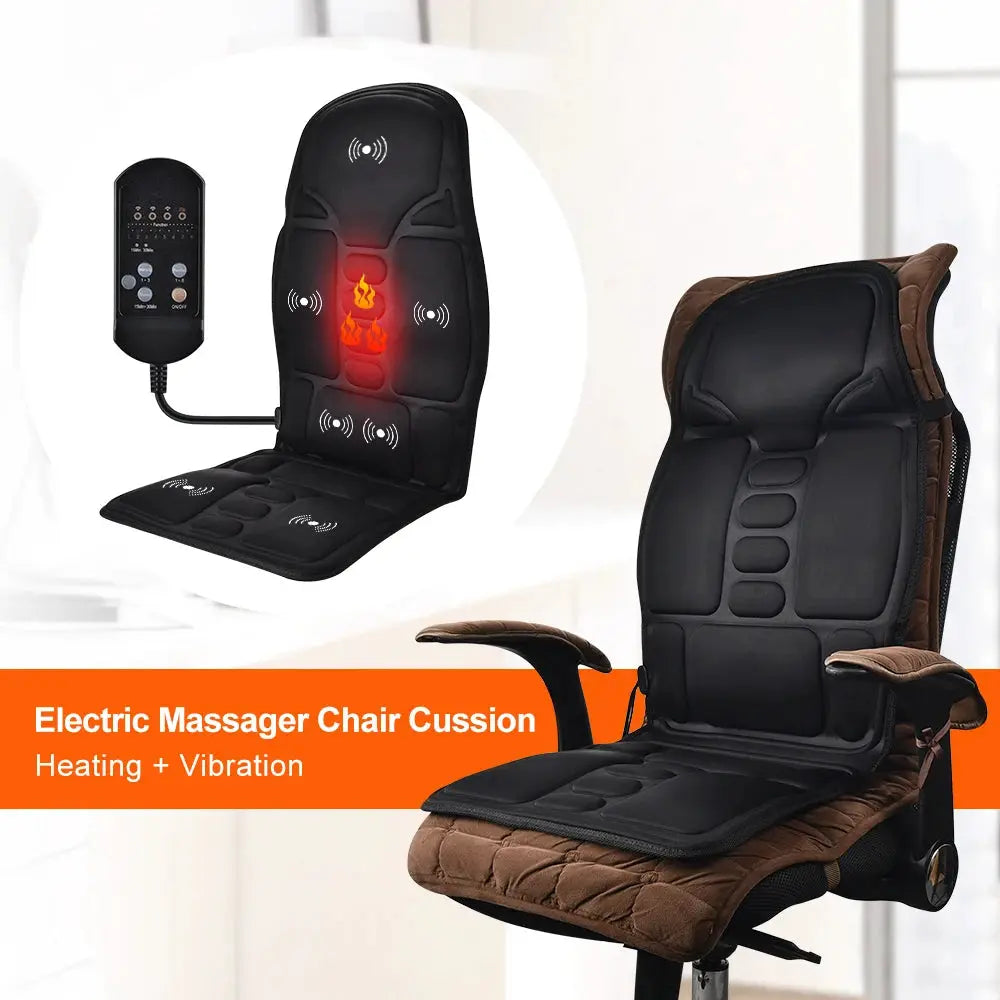 Massager chair cushions with heating and vibration; black fabric pads with remote control.