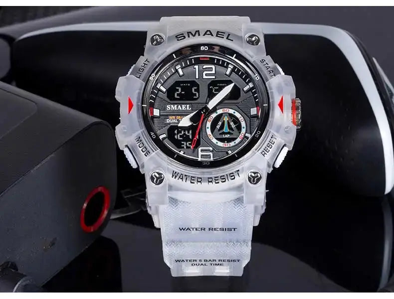 SMAEL men's sport watch with white resin strap, dual time digital-analog display, waterproof