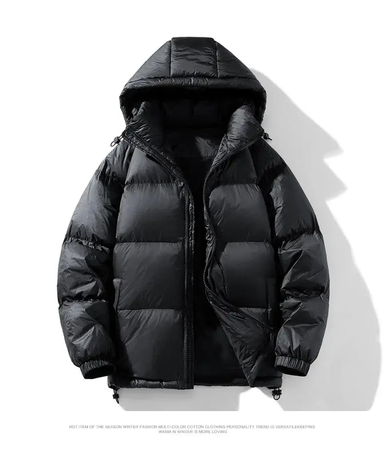 Simples Market black hooded men's down jacket, thick puffer coat for winter, sizes M-4XL