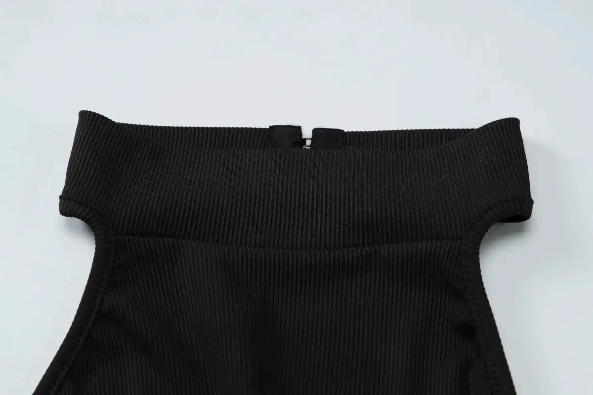 Hugcitar ribbed halter backless jumpsuit, black knit bodycon silhouette