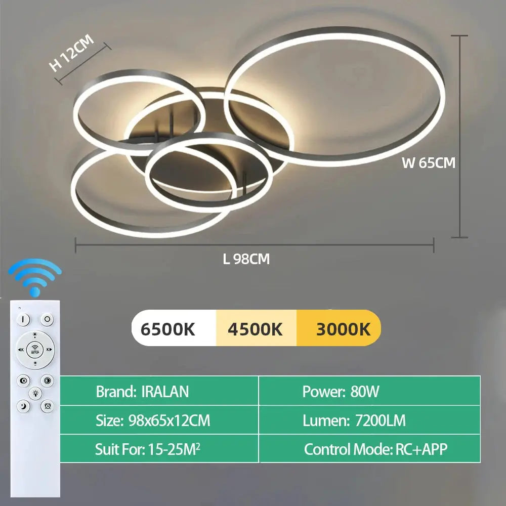 IRALAN LED ceiling chandelier with ring design, 80W, 98x65x12cm, 7200lm, 3000–6500K