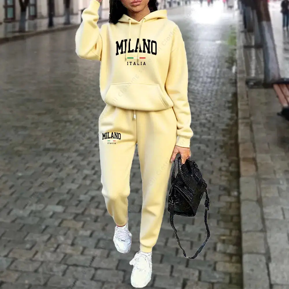 Autumn Winter 2pc Hoodie Pants Tracksuit Milano Letter Print Aesthetic