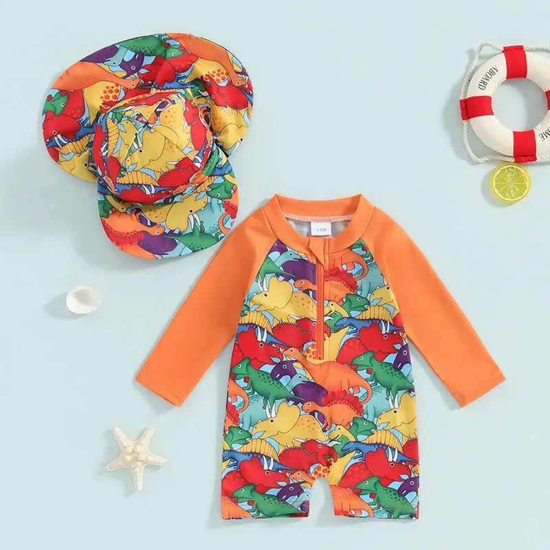Tregren Toddler Boys Rash Guard Swimsuit Long Sleeve Turtle And Dinosaur Print Bathing Suit With Swim Caps Beachwear