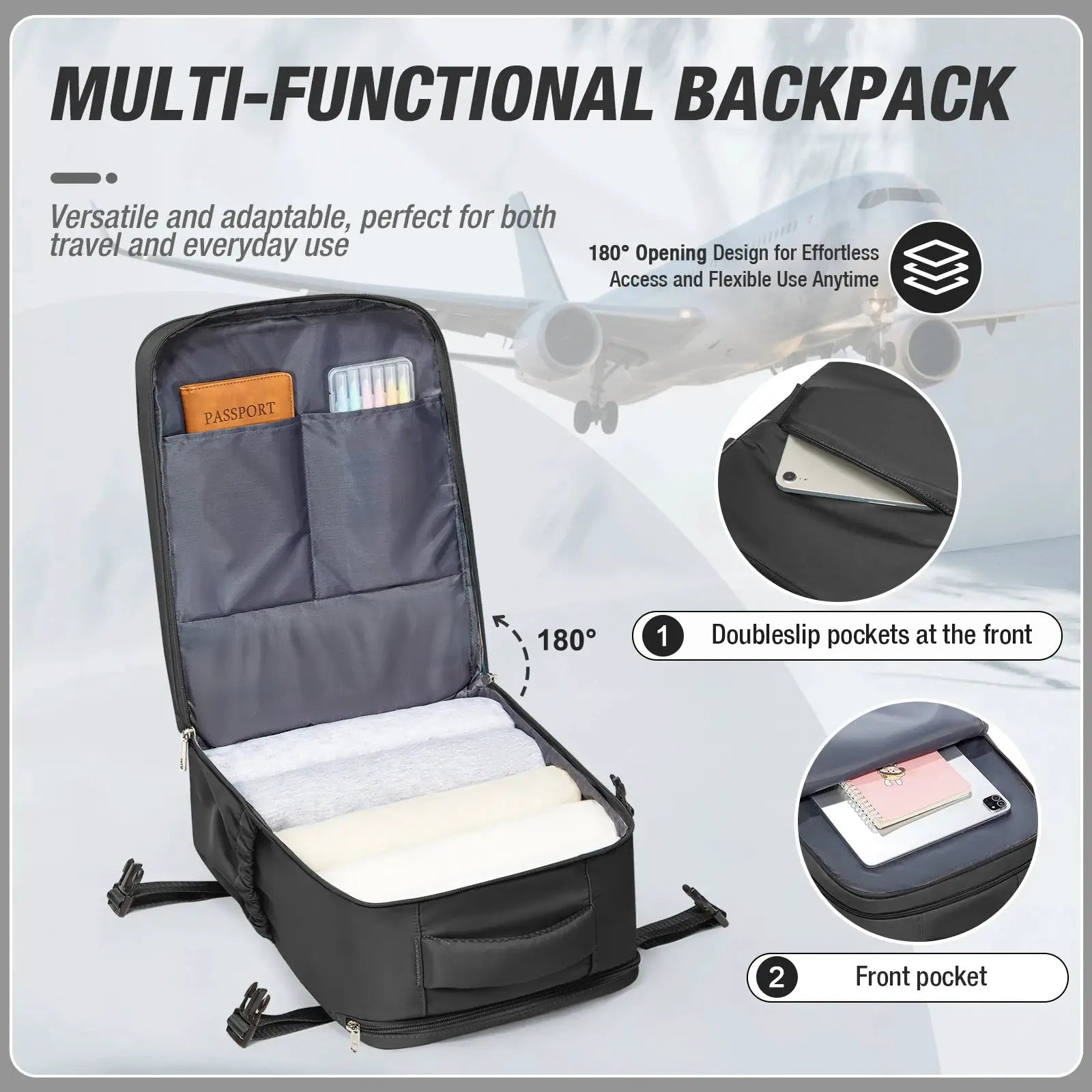 Multi-functional travel backpack, black waterproof carry-on laptop backpack with front pockets.