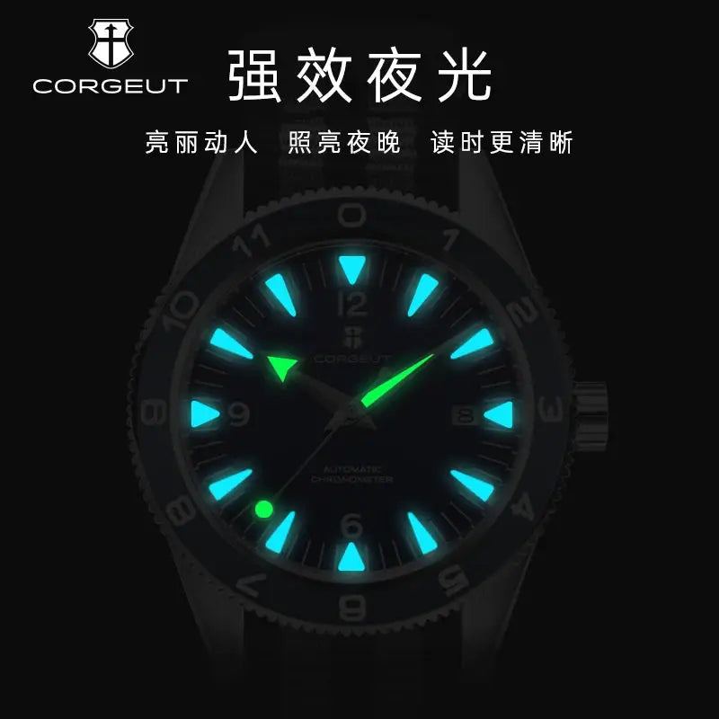 CORGEUT 41mm automatic luminous men's watch with nylon strap and sapphire glass, 100m waterproof
