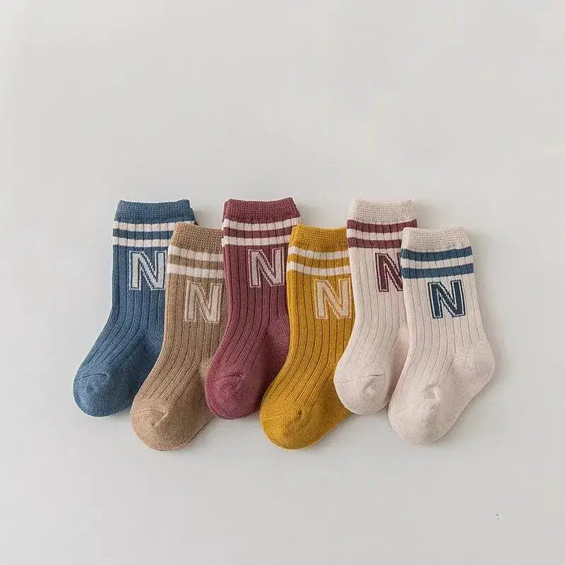 Three Pack Baby Letter Socks Knit Cotton Knee High Socks For Infants Toddlers Cute Stripe Pattern