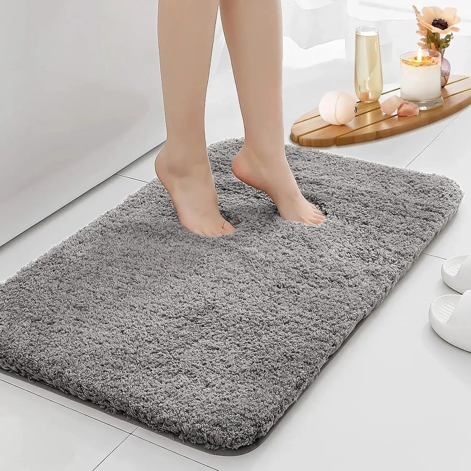 Gray shaggy plush bathroom mat, thickened anti-slip design, machine washable