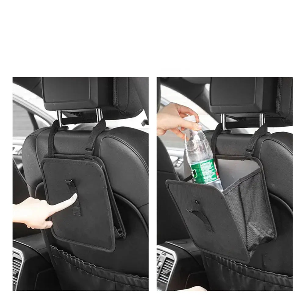 Car back-seat hanging storage bag, folding waterproof trash can, black