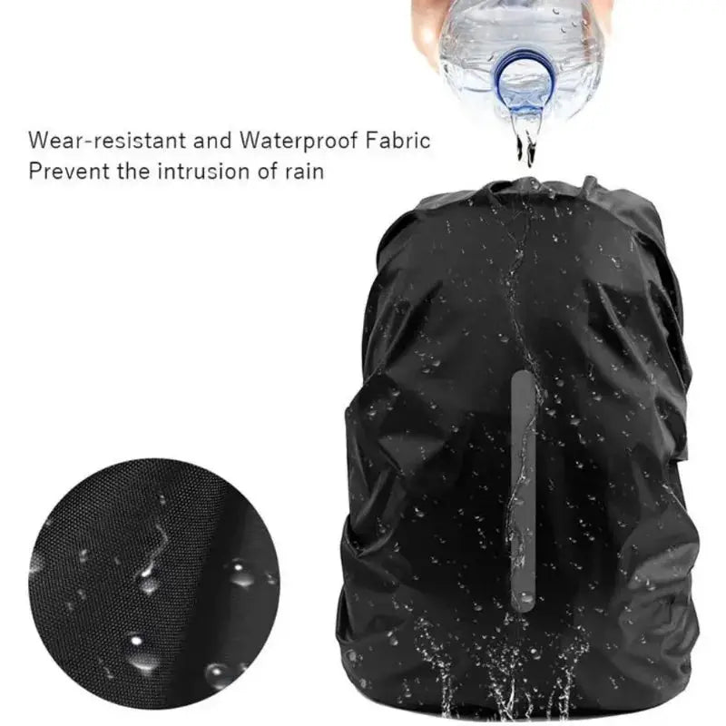 Reflective waterproof backpack rain cover showcasing wear-resistant, waterproof fabric with water droplets.