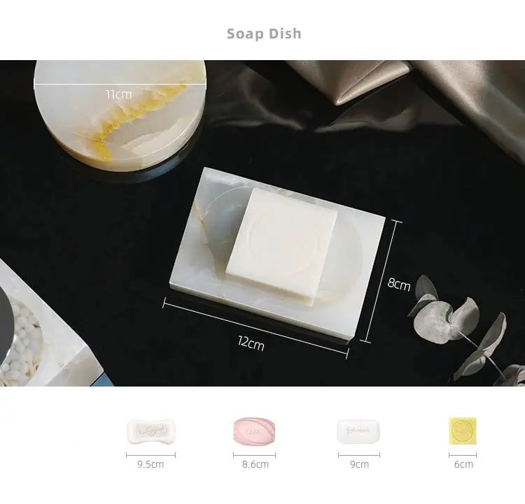 White onyx marble soap dish on vanity tray by Simples Market