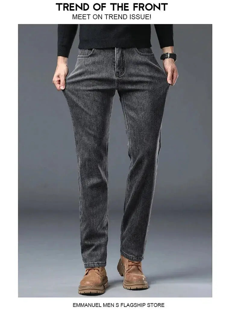 Men's black fleece-lined straight-leg denim jeans with stretch, Simples Market