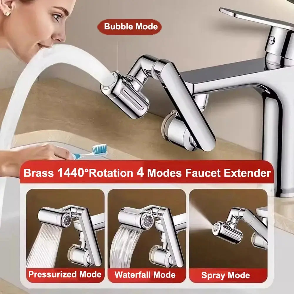 Simples Market brass faucet extender with 4 modes and 1440° rotation; pressurized, waterfall, spray, and bubble modes.