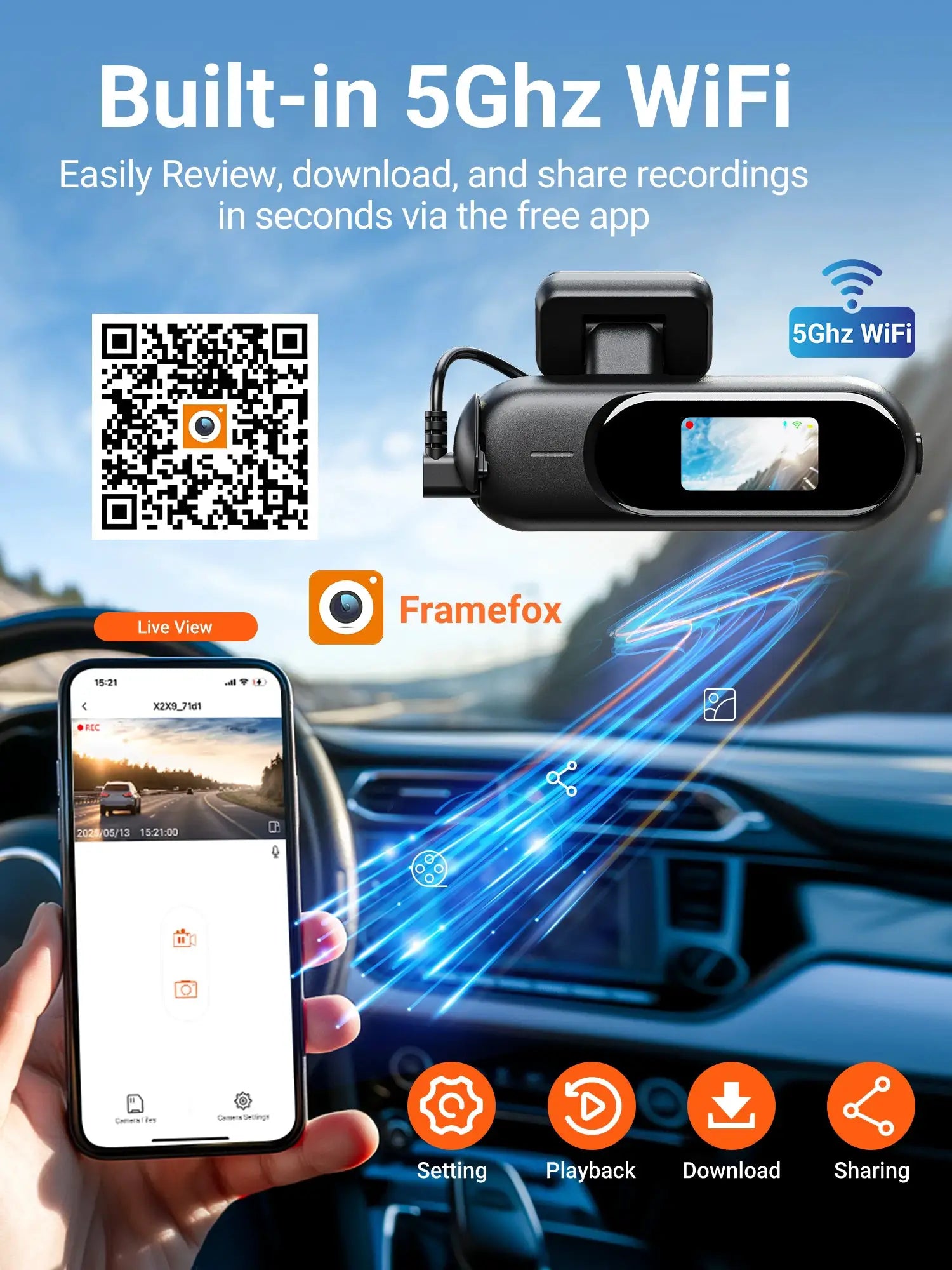 Dash cam 4K UHD front/rear car camera with built-in 5GHz Wi-Fi, Framefox app display