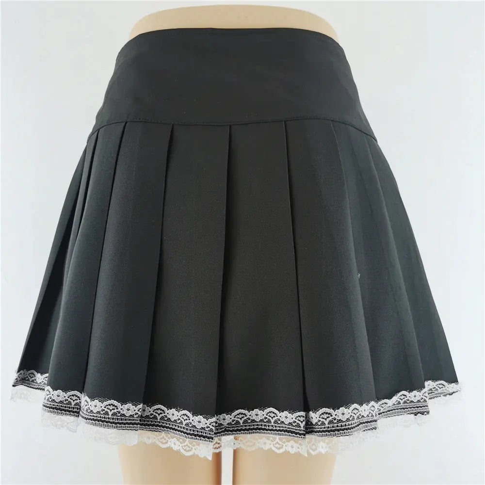 Simples Market Harajuku punk gothic black high-waist pleated mini skirt with white lace trim for streetwear.