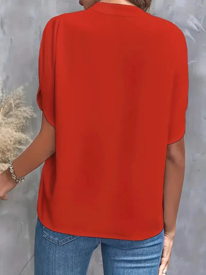 VEITCHE red women's blouse with short sleeves, loose fit, back view