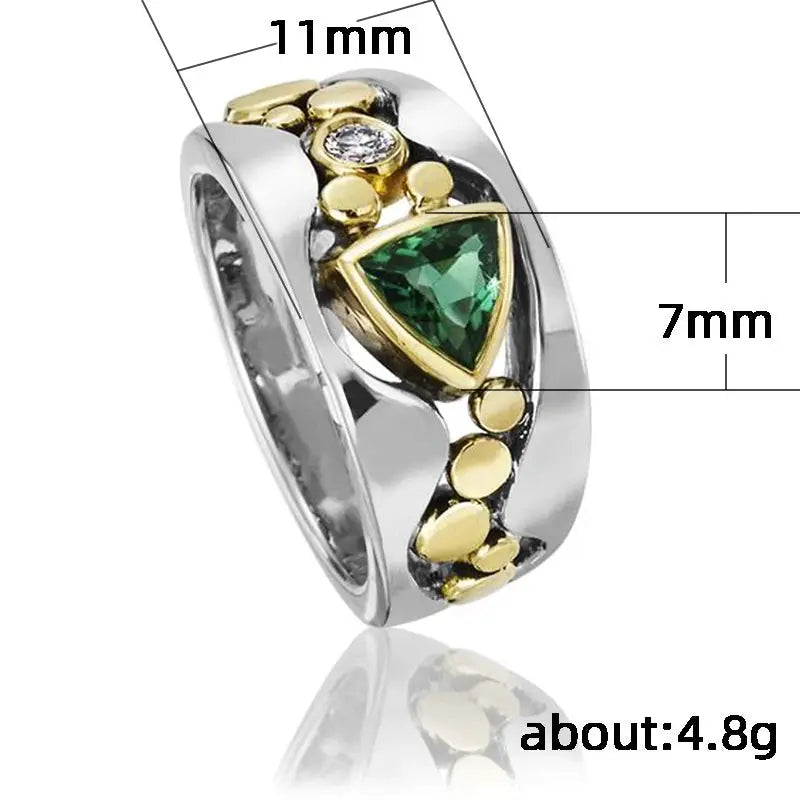 Huitan two-tone triangular blue-green CZ ring for women with silver band and gold-tone beaded accents