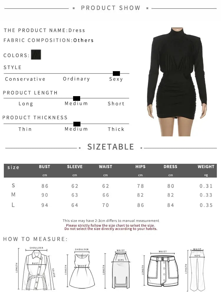 Nibber Turtleneck Dress Women Shoulder Ruched Peach Mini Bodycon