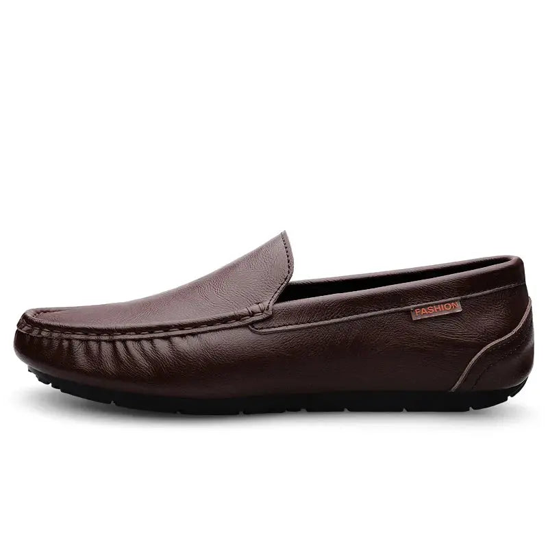 Men's brown genuine leather loafers, slip-on moccasin style with stitching, FASHION label