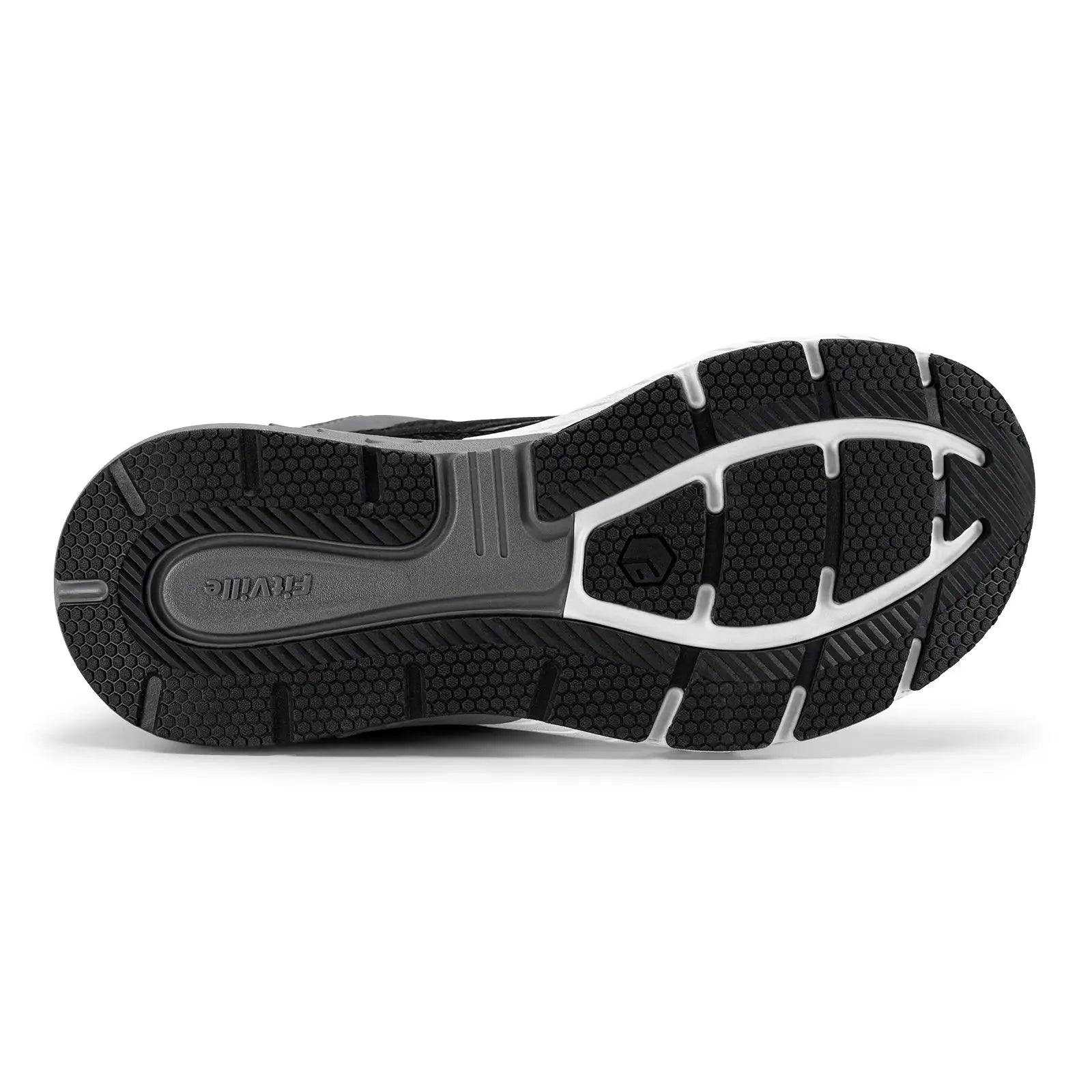 FitVille walking shoe outsole with hexagonal black tread and gray midsole; branding visible.