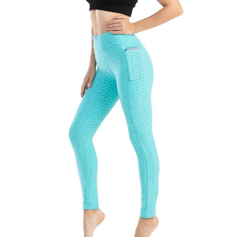 Simples Market women's high-waist bubble leggings in turquoise with pocket zipper