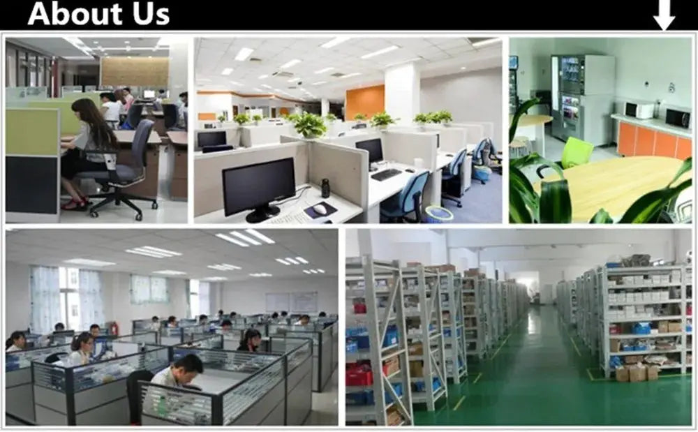 About Us collage showing modern office workstations, open-plan desks, break room, and a large warehouse with shelving.