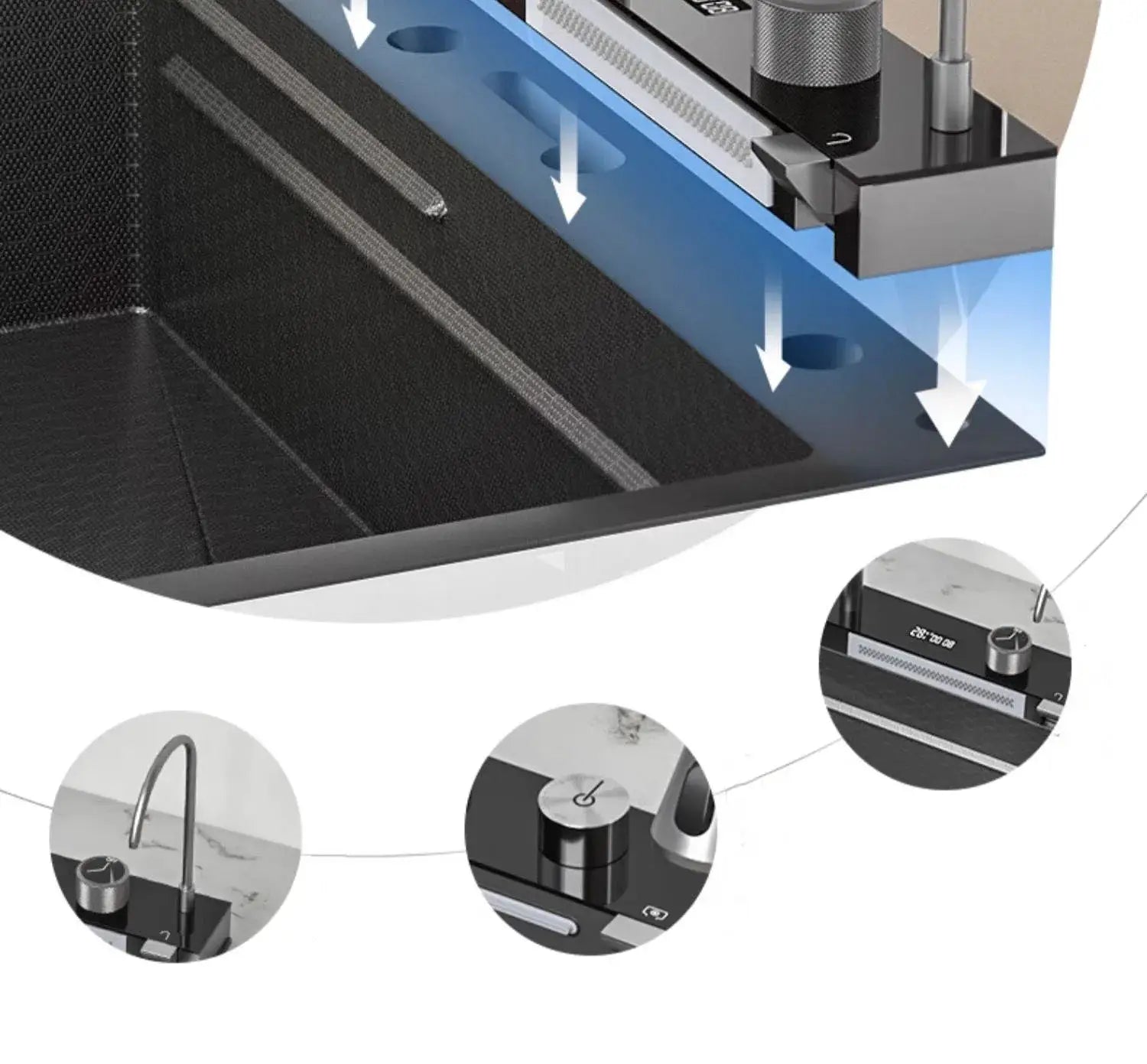 Kitchen sink by Simples Market, integrated waterfall with honeycomb tech, stainless steel, soap dispenser, cup washer