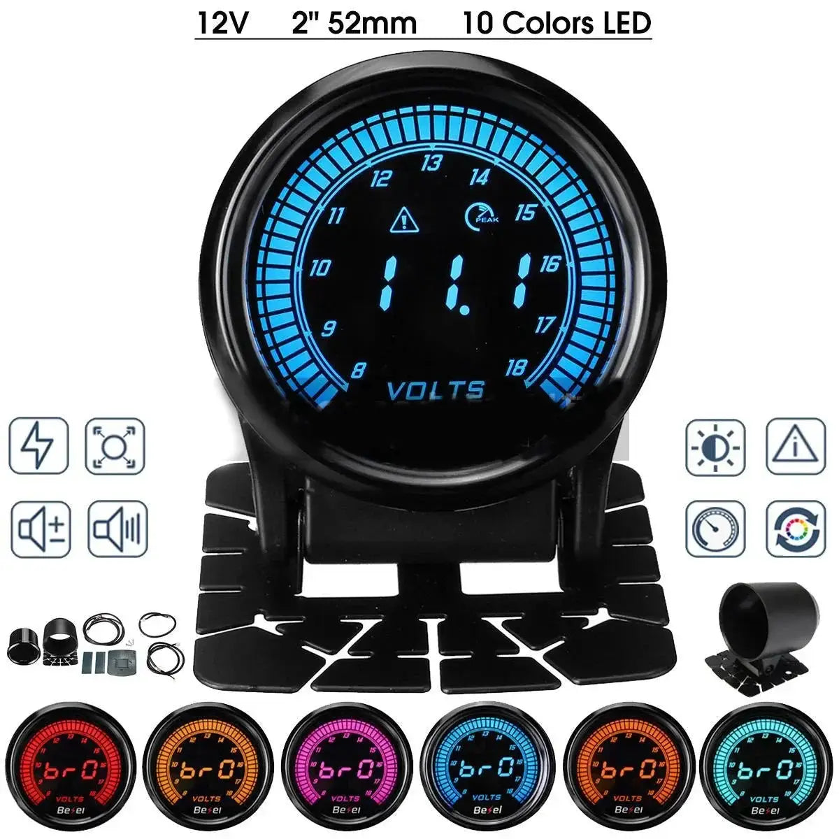 52mm LED car gauge set with blue display and 10 color options, mounting hardware included