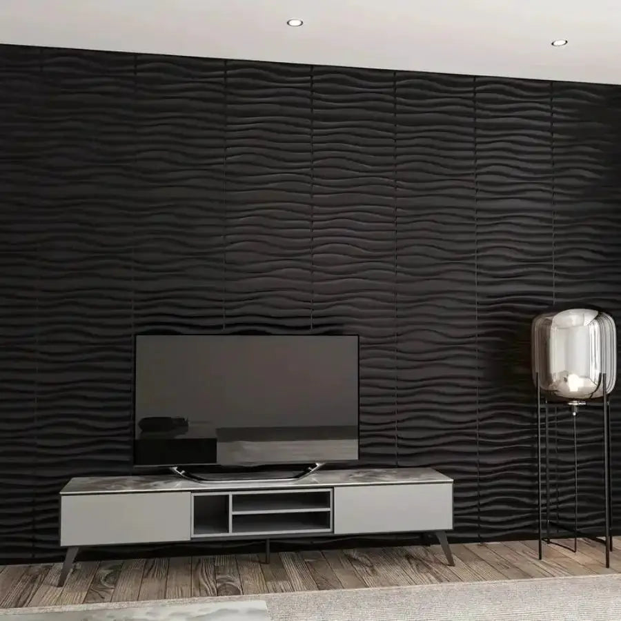 Simples Market 3D textured wall panels in black with a wavy pattern, 12/20-piece set, 30x30 cm, living room feature wall.