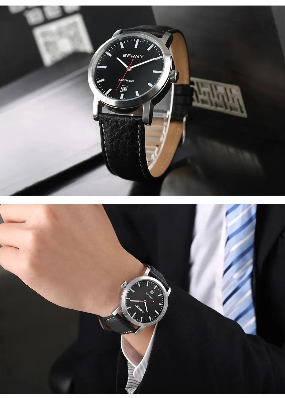 BERNY men's automatic wristwatch with black dial, silver case and black leather strap