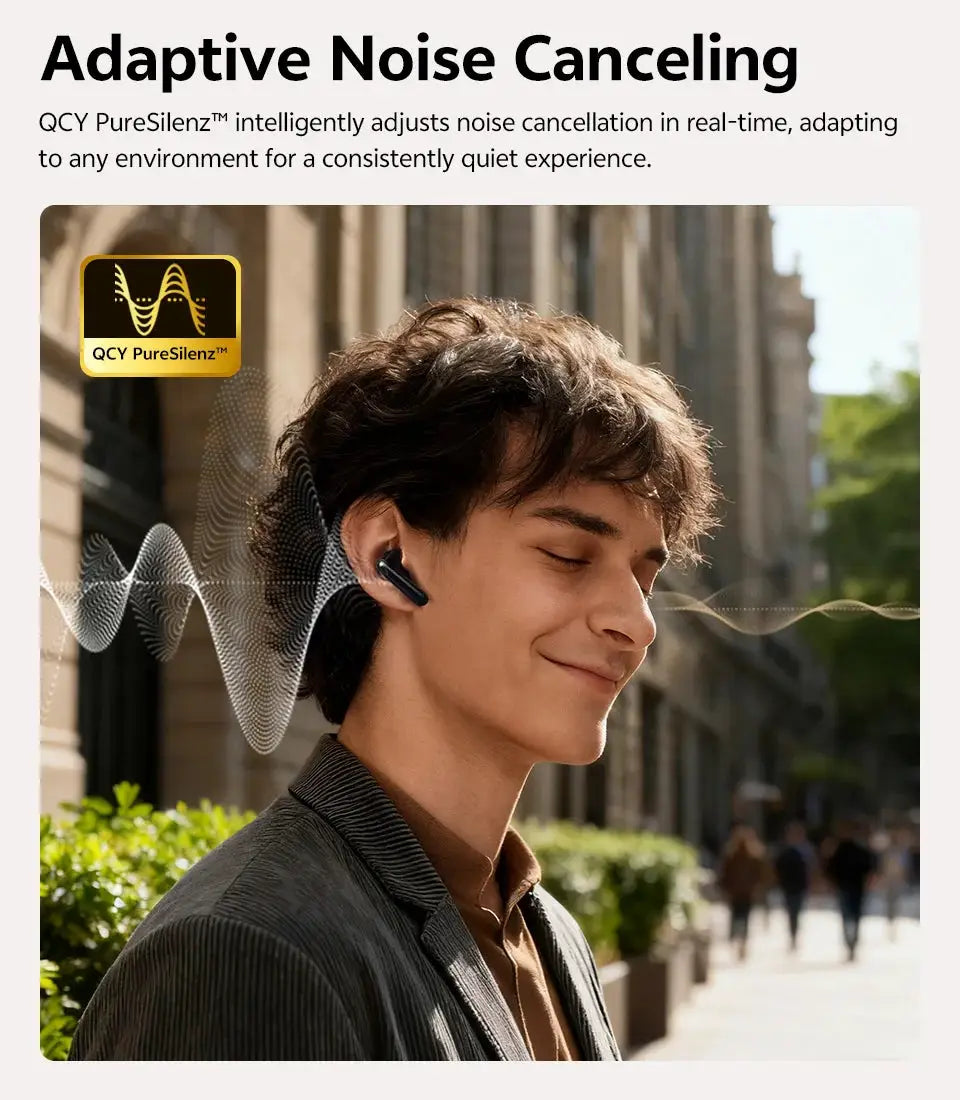 QCY MeloBuds N60 wireless earbuds, black with hybrid ANC and LDAC, QCY PureSilenz badge visible.