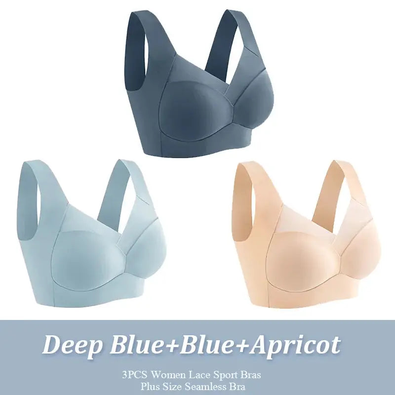3-piece Simples Market women's seamless wireless sport bras in deep blue, blue, and apricot.