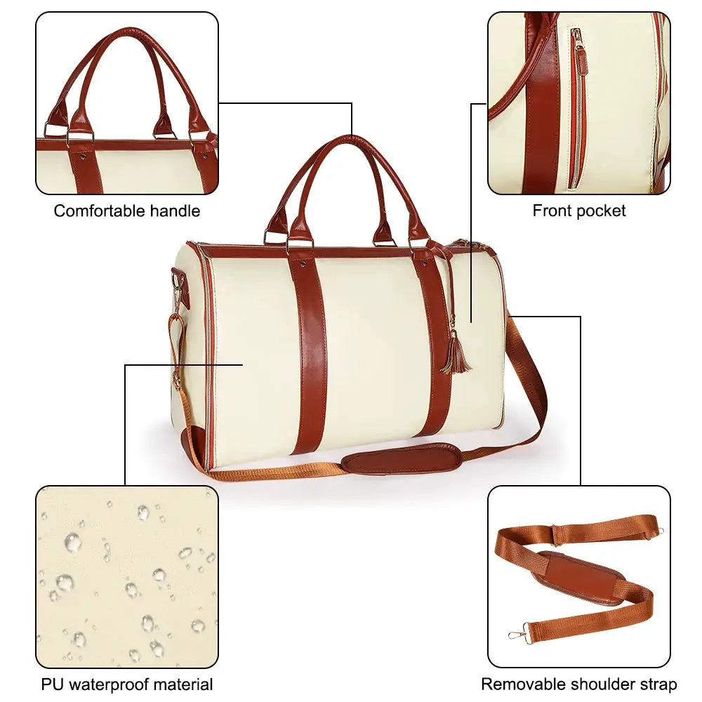 Simples Market foldable handbag; cream tote with brown straps and front pocket, PU waterproof material