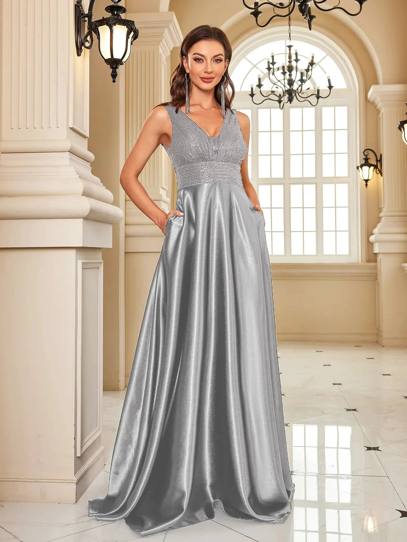 Emerald Green Sequin Evening Dress V Neck Satin Prom Floor Length