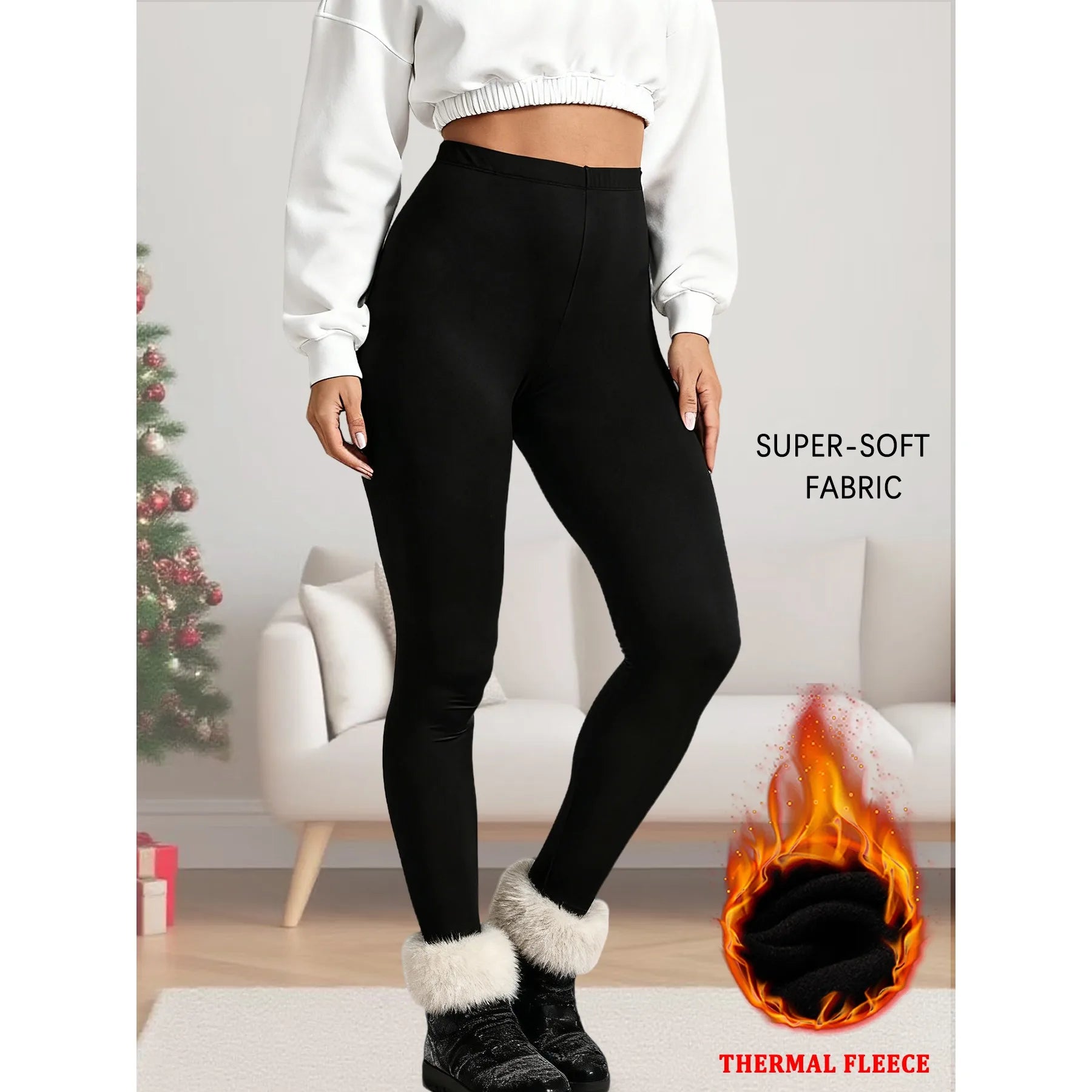 Simples Market women's thermal fleece-lined leggings; black, low-rise, super-soft fabric.