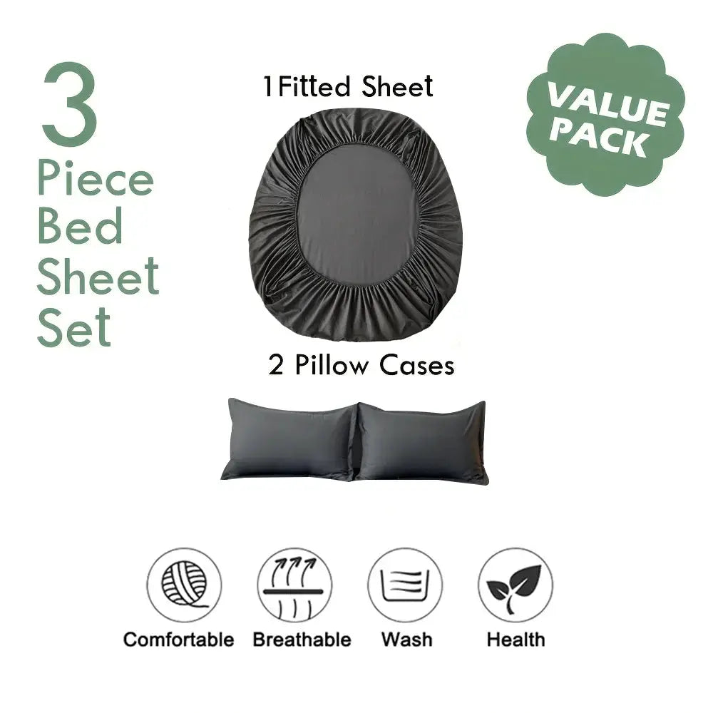 3-piece cotton fitted bed sheet set by Simples Market with 1 fitted sheet and 2 pillowcases, breathable