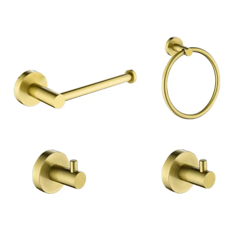 Brushed gold bathroom hardware set with wall-mounted towel bar, towel ring, and two hooks