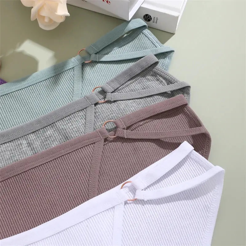 4-pack women's ribbed cotton striped briefs with crisscross waist in mint, grey, mauve, and white