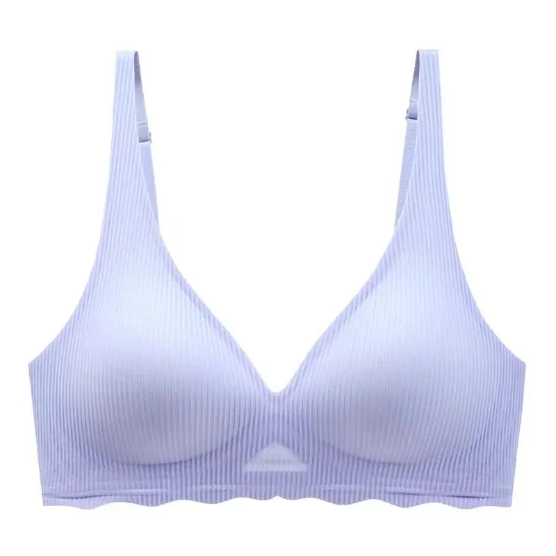 Seamless lavender striped bra with V-neck, one-piece design and wide underband, non-removable semi-fixed cups