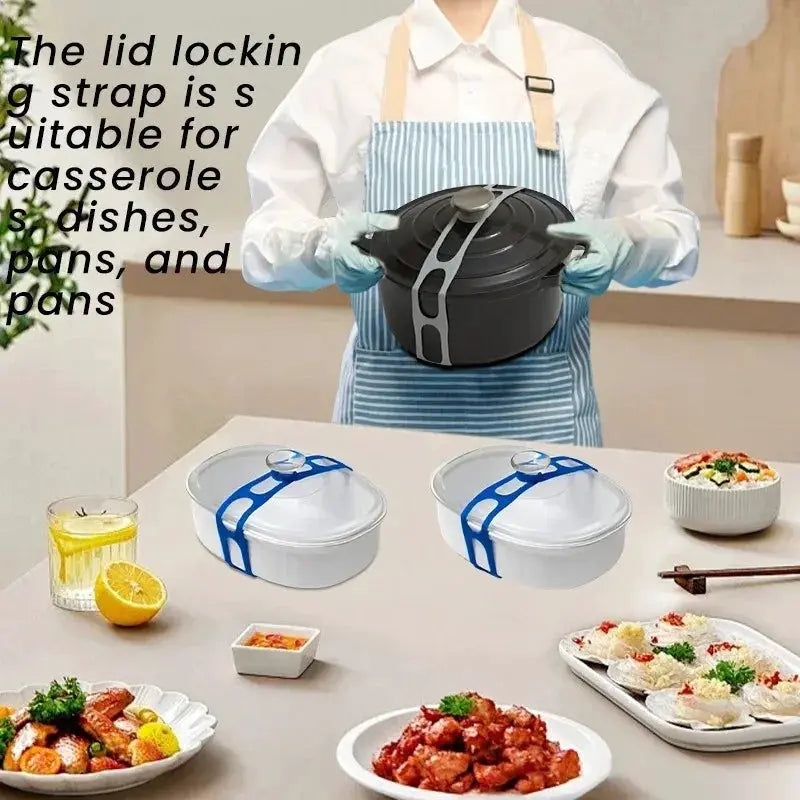 Simples Market silicone lid strap; reusable universal lid fixing belt in blue, shown on two white pots.