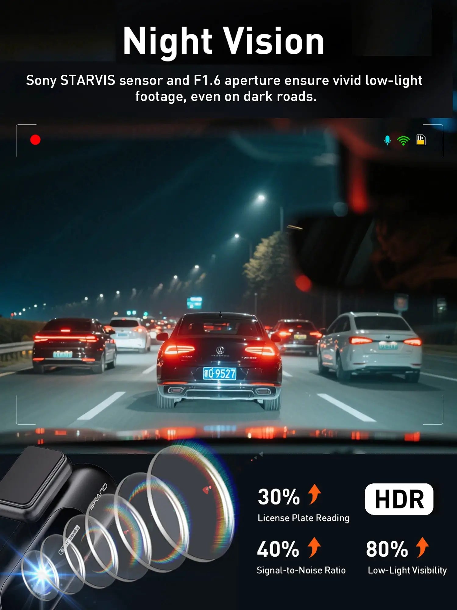 Dash cam Simples Market 4K UHD front/rear car camera with HDR night vision, built-in Wi‑Fi, parking mode