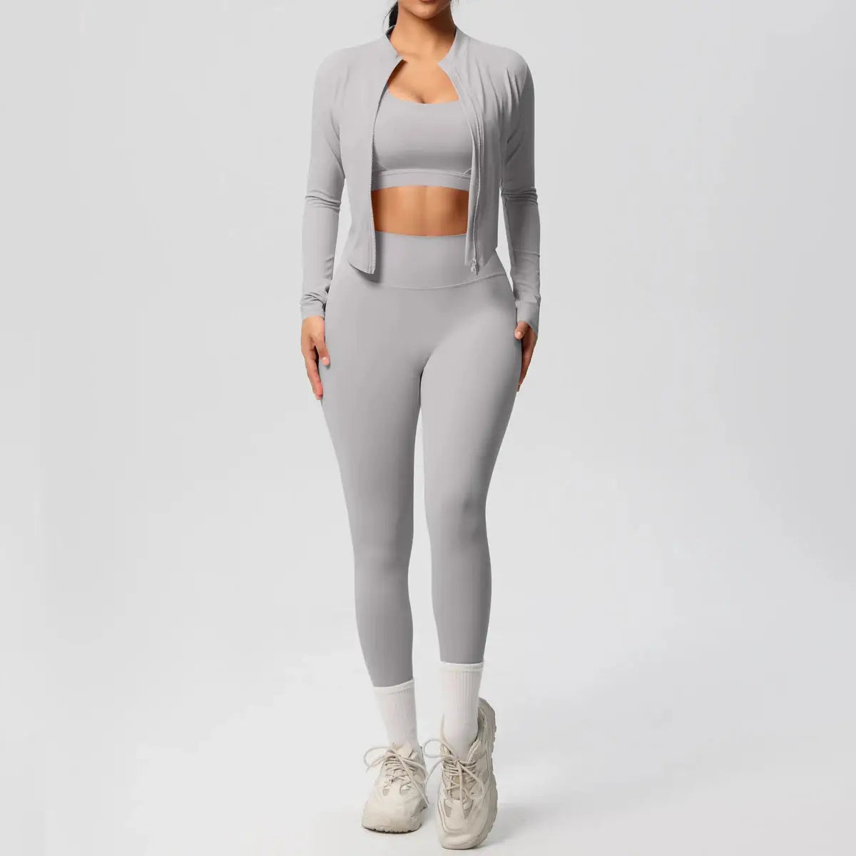 3 Piece Yoga Set for Women Sports Bra Zipper Jacket Leggings Gym Wear