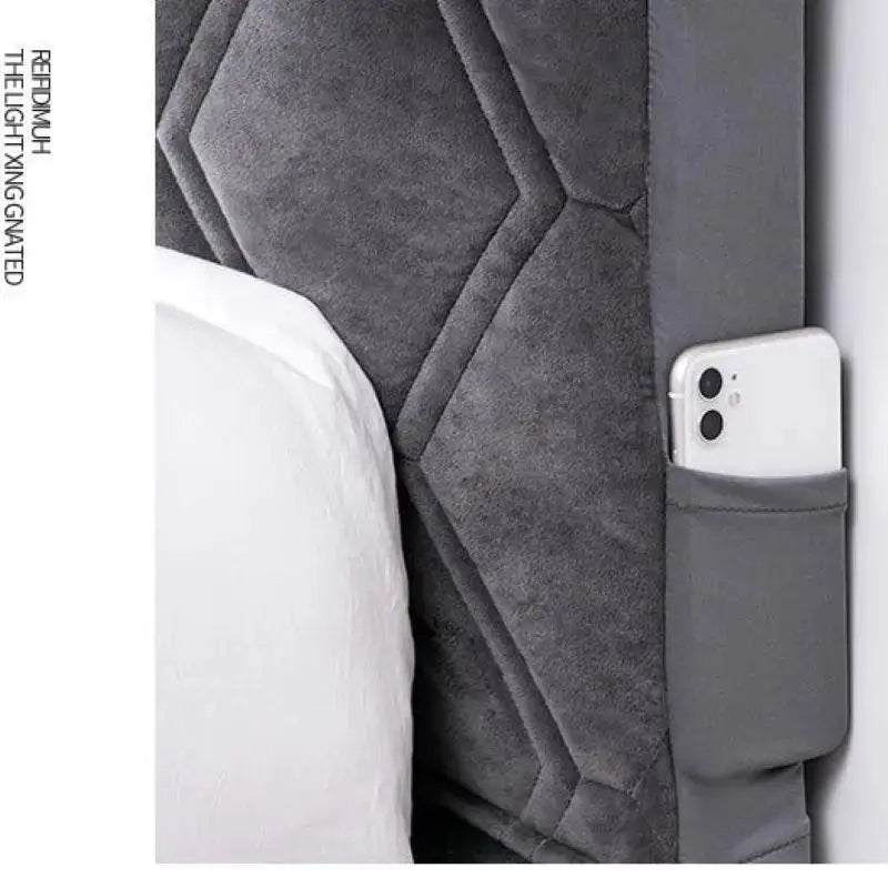 Velvet quilted headboard cover from Simples Market in gray with side pocket