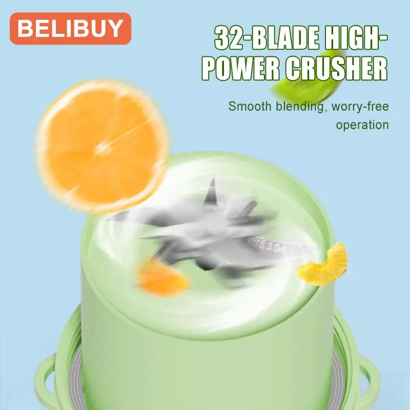 Belibuy green portable blender cup with exposed blades and orange slice garnish