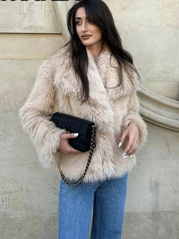 HH Women Fashion Cropped Faux Fur Jacket Coat Long Sleeve Front Snap Button Closure Lapel Collar Thick Outerwear Chic